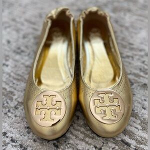 NEW Tory Burch Minnie Gold Leather Ballet Flats Size 6.5 / 7 Double T Gold Logos